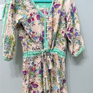 Spell Floral Button-Front Dress with Mint Trim